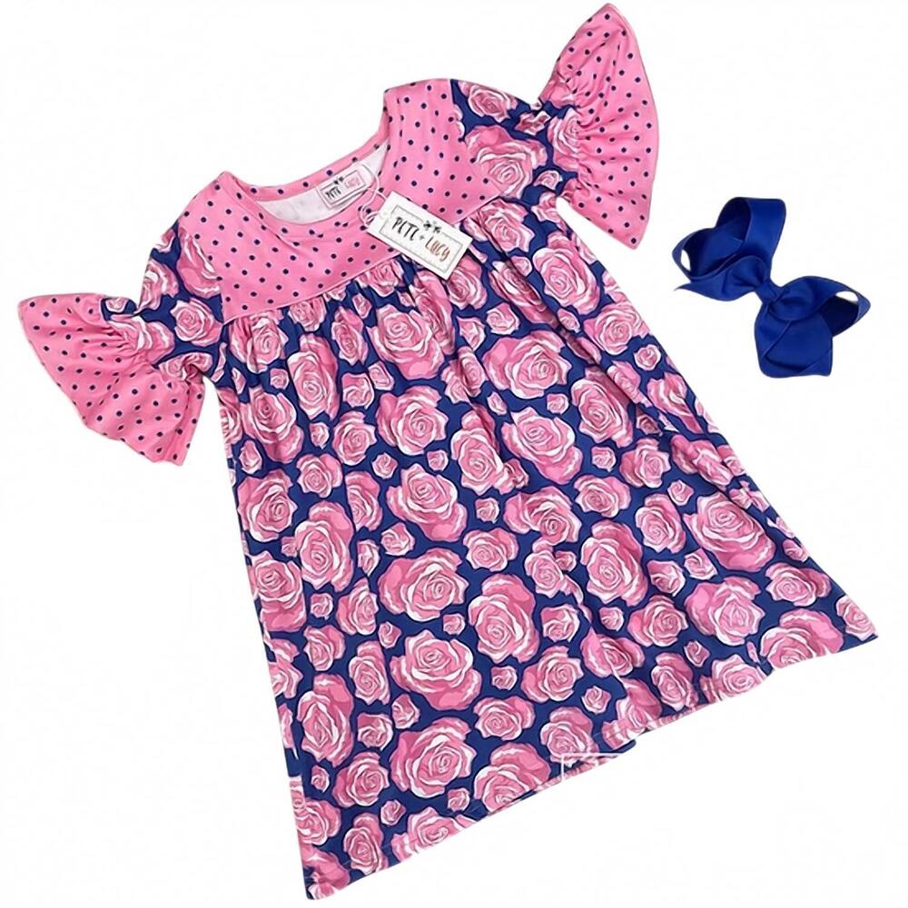NEW PETE + LUCY girls pop of roses dress in navy